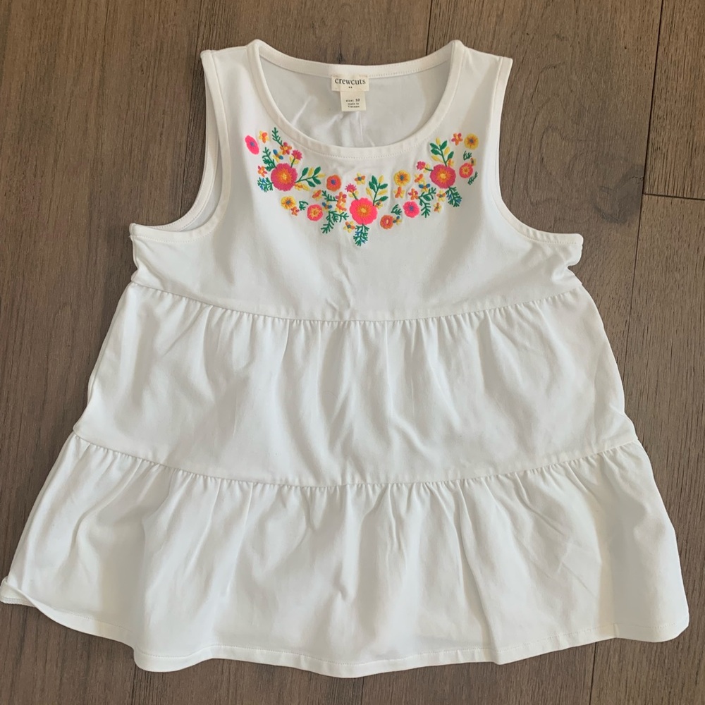 Crewcuts White Tiered Tank Top with Embroidered Floral Design